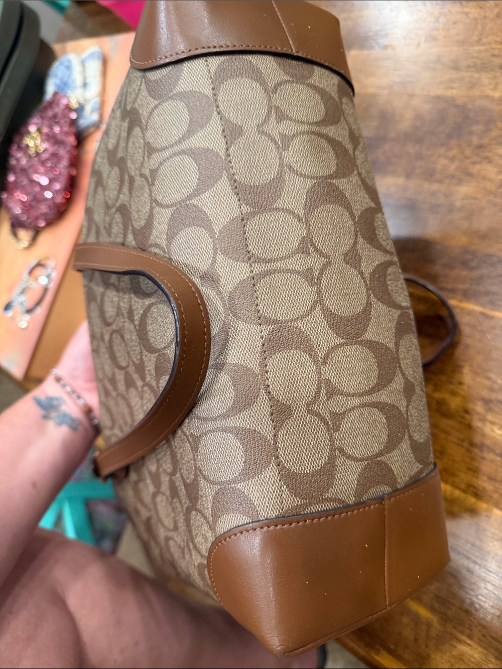 Coach Brown Signature Canvas Tote with Leather Trim - Picture 4 of 7
